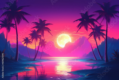 Tropical beach and palm tree background. Retro tone color style. Summer vacation concept. Generative ai.