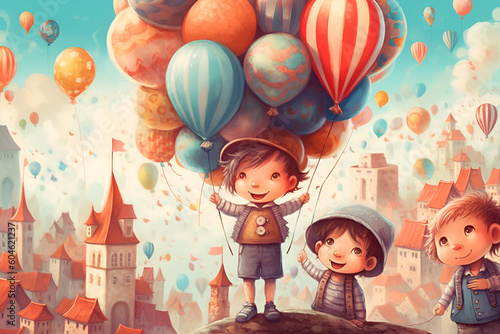 A cartoon illustration of children holding balloons photo