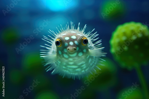 A puffer fish is looking at the camera. Generative AI.