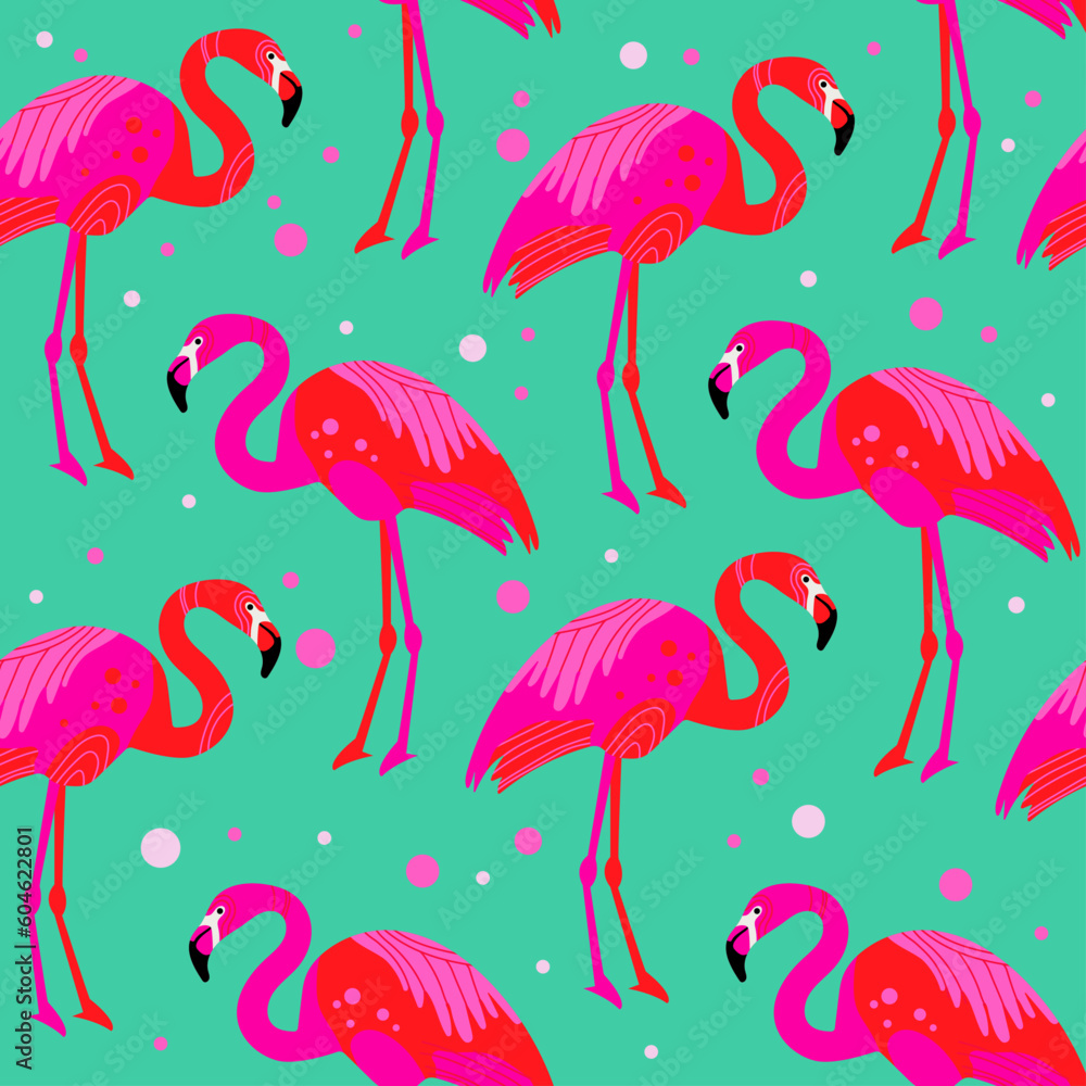 Beautiful seamless vector tropical pattern with pink flamingos on a green background. Abstract summer texture Beautiful seamless vector tropical pattern with pink flamingos on a green background. Abstract summer texture
