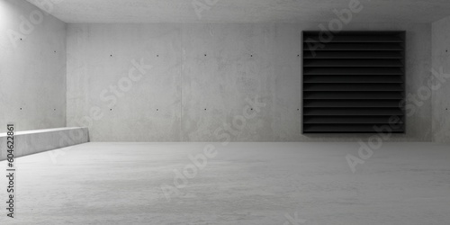 Abstract large, empty, modern concrete room with large AC opening on the back wall and rough floor - industrial interior background template