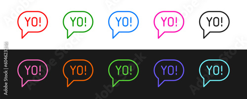 Set line Yo slang lettering icon isolated on black and white background. Greeting words. Vector