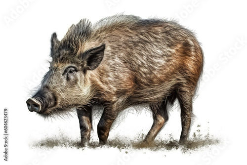 A wild boar is standing in the dirt. Generative AI.
