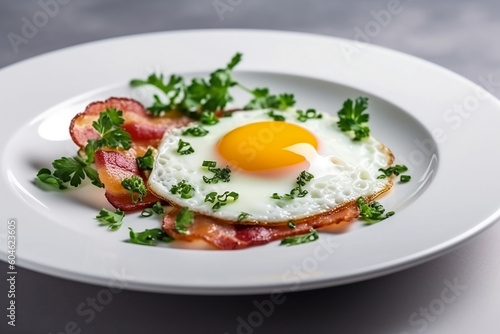 fried egg with bacon and greenery on white backfround