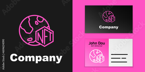 Pink line NFT Digital crypto art icon isolated on black background. Non fungible token. Logo design template element. Vector