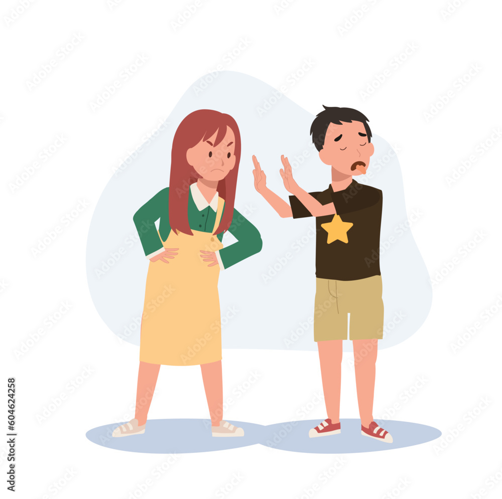 Boy abuses girl, bullied, racist. Violence at school. Flat vector cartoon illustration