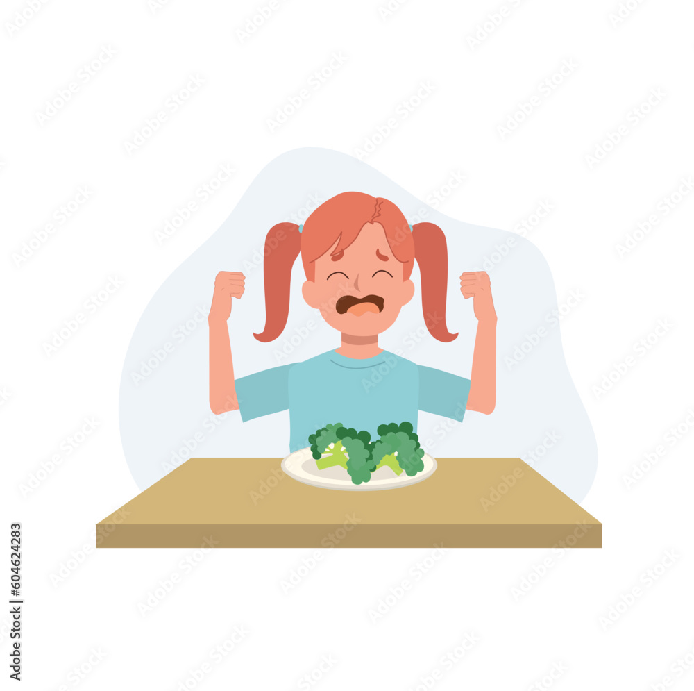 Cute Young Girl kid Do Not Want To Eat Vegetable Broccoli Children cute-young-girl-kid-do-not-want-to-eat-vegetable-broccoli-children