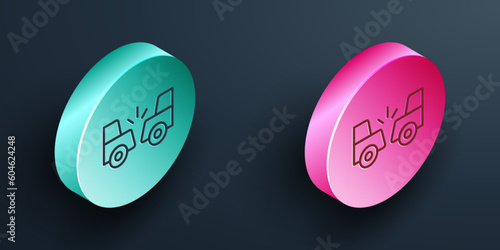 Isometric line Car accident icon isolated on black background. Auto accident involving two cars. Turquoise and pink circle button. Vector