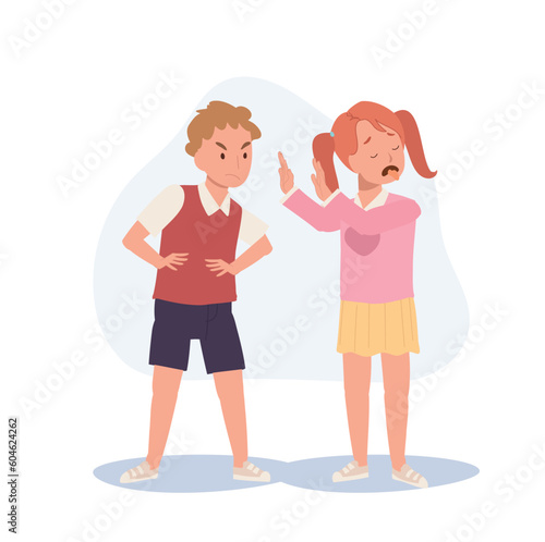 Girl abuses boy, bullied, racist. Violence at school. Flat vector cartoon illustration