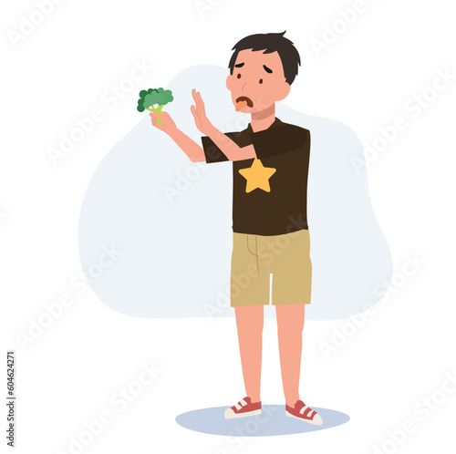 cute young boy,kid do not want to eat vegetable, broccoli. children hate vegetables. Flat vector cartoon illustration