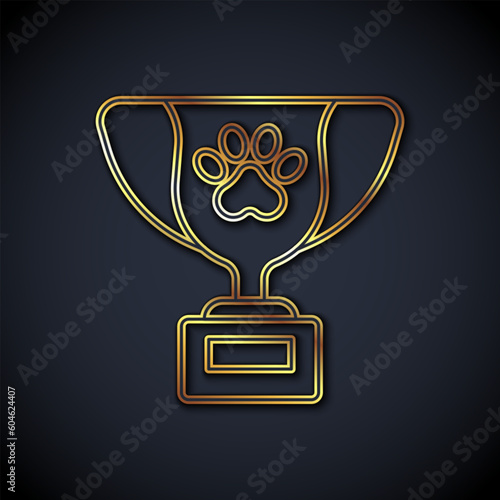 Gold line Pet award symbol icon isolated on black background. Medal with dog footprint as pets exhibition winner concept. Vector