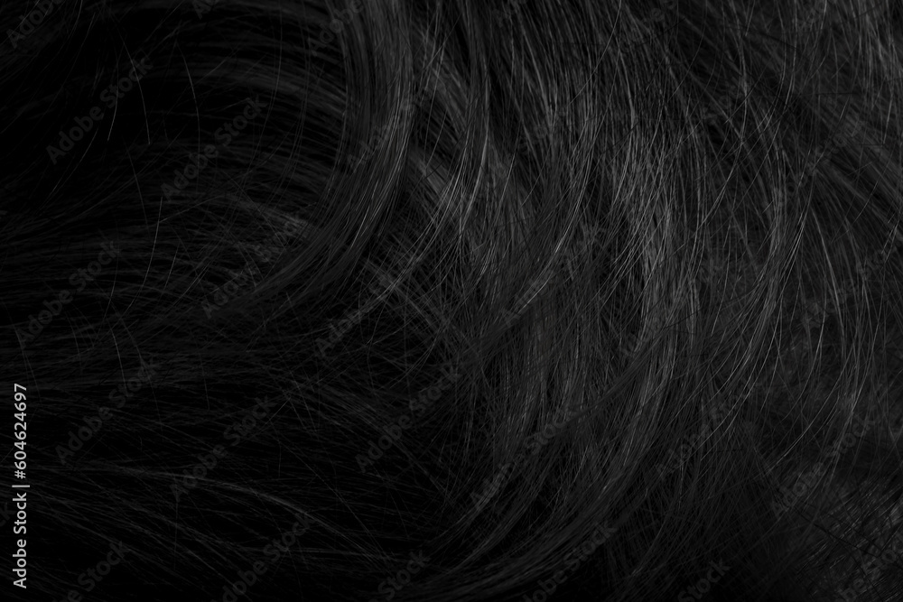 Fototapeta premium Brunette or black hair. Female long dark hair in black. Beautifully laid curls. Closeup texture in a dark key. Hairdressing, hair care and coloring. Shading gray hair. Background with copy space.