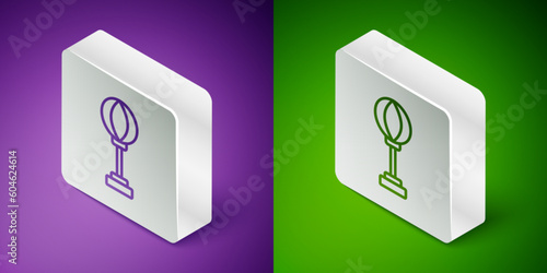 Isometric line Punching bag icon isolated on purple and green background. Silver square button. Vector