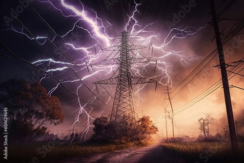 Electricity pylons in the field with thunderstorm lightning