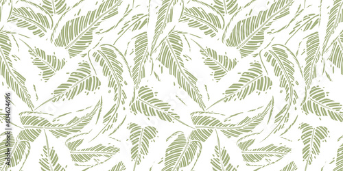 Tropical exotic green plants and leaves wallpaper. Seamless pattern with summer tropical foliage