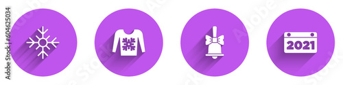 Set Snowflake, Christmas sweater, Merry ringing bell and Calendar icon with long shadow. Vector