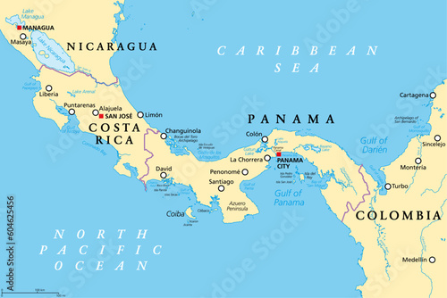 Costa Rica and Panama, political map, with the Isthmus of Panama and the Darien Gap. Narrow strip of land and region between the Caribbean Sea and the Pacific Ocean, linking North and South America. photo