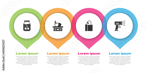 Set Jam jar, Electronic scales for product, Paper bag with bread loaf and Scanner scanning bar code. Business infographic template. Vector
