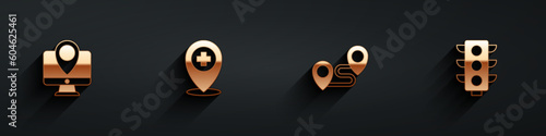 Set Monitor with location marker, Location cross hospital, Route and Traffic light icon with long shadow. Vector