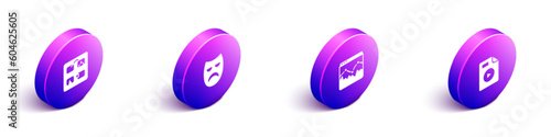Set Isometric Storyboard, Drama theatrical mask, Music wave equalizer and AVI file document icon. Vector