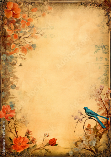 blank page with framed area, ancient paper, flowers. Rustic background. Ai generative