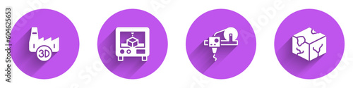 Set Printing house industry, 3D printer, and Isometric cube icon with long shadow. Vector