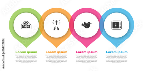 Set Stained glass, Hands praying position, Dove and Online church pastor preaching. Business infographic template. Vector
