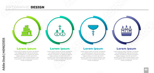 Set Babel tower bible story, Priest, Christian cross on chain and Burning candle candlestick. Business infographic template. Vector