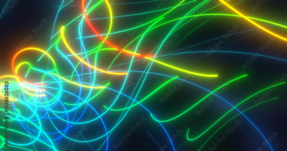 Abstract multi-colored rainbow neon energy laser lines flying on a black background