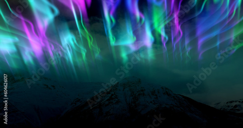 The abstract background of the multi -colored northern lights and mountains in the north, a bright iridescent realistic light light in the sky © Bolbik