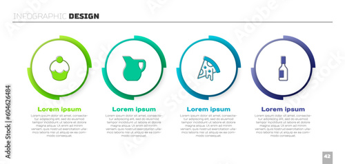 Set Muffin, Jug glass with milk, Slice of pizza and Tabasco sauce. Business infographic template. Vector