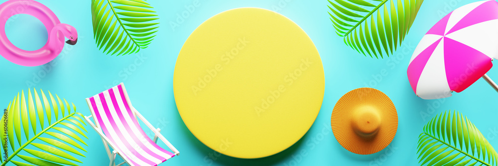 Summer holidays. Empty yellow circle for text and beach elements. 3d rendering