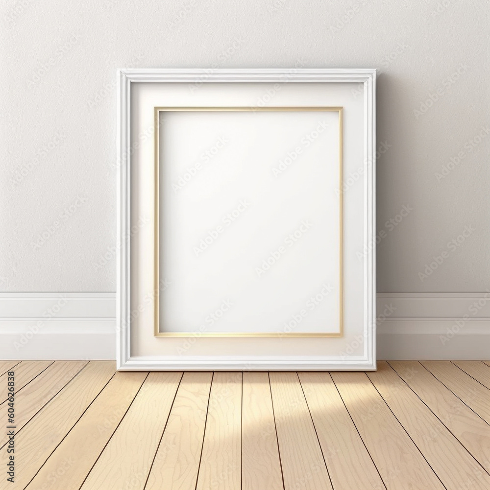 Vertical white frame mockup for poster. Front view template for photo on wooden floor. Generative AI
Vertical white frame mockup for poster. Front view template for photo on wooden floor. Generative AI