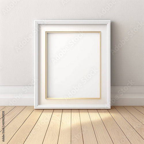 Vertical white frame mockup for poster. Front view template for photo on wooden floor. Generative AI
