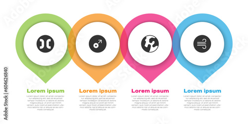 Set Pisces zodiac, Mars symbol, Earth globe and Windy weather. Business infographic template. Vector