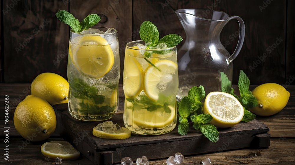 Lemonade with ice and mint on old wooden boards Lemonade with ice and mint on old wooden boards