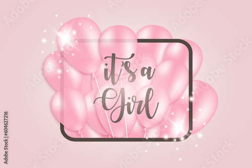 It`s a girl, baby shower announcement banner, gender reveal party with pink balloons