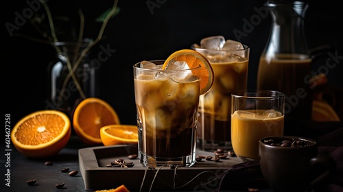 Bumble coffee with ice on a dark background. Espresso, orange juice and syrup in layers in transparent glass with ice. Summer trendy refreshing coffee drink. Coffee house menu, recipe.