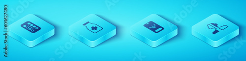 Set Isometric Sedative pills, Bipolar disorder and Online psychological counseling icon. Vector