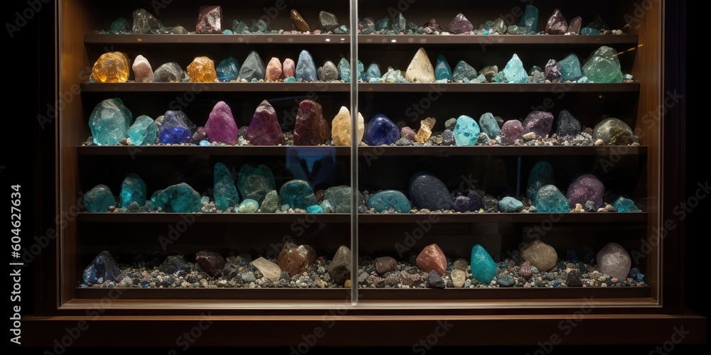 A meticulously arranged display of rare minerals and gemstones, reflecting their diverse colors and textures, concept of Geological Rarity, created with Generative AI technology