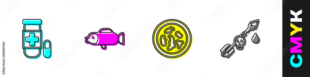 Set Antidote, Puffer fish, Petri dish with bacteria and Poison on the arrow icon. Vector Set Antidote, Puffer fish, Petri dish with bacteria and Poison on the arrow icon. Vector