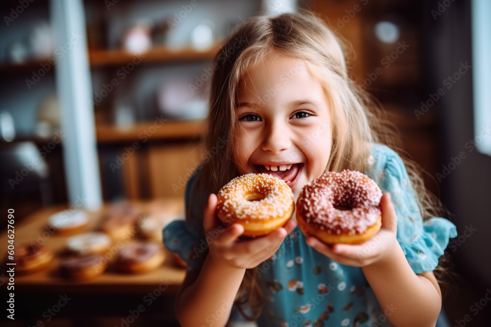 A little girl holding two doughnuts in her hands. Generative AI. A little girl holding two doughnuts in her hands. Generative AI.