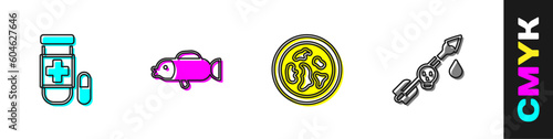Set Antidote, Puffer fish, Petri dish with bacteria and Poison on the arrow icon. Vector