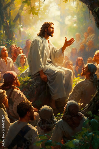 A painting of Jesus sitting on a rock surrounded by people. Generative AI.