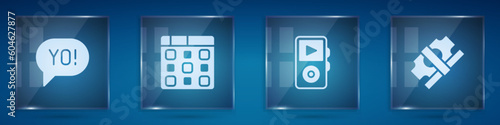 Set Yo slang lettering, Drum machine music, Music player and Stacks paper money cash. Square glass panels. Vector