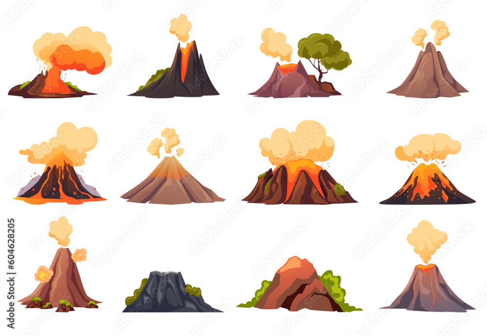 Volcano eruption fire mountain lava isolated on white background set. Vector graphic design element illustration - obrazy, fototapety, plakaty 