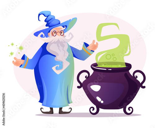 Magic wizard magician character alchemist medieval concept. Vector graphic design illustration