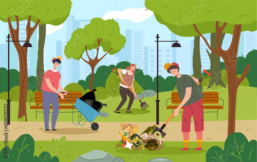 Park litter clean cleanup community trash volunteer garbage concept. Vector graphic design element illustration