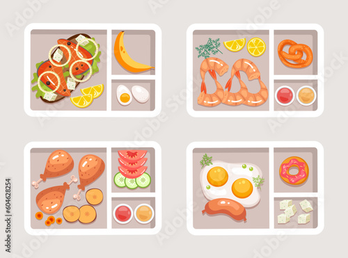 School food lunch box lunchbox breakfast container meal bag set. Vector graphic design element illustration
