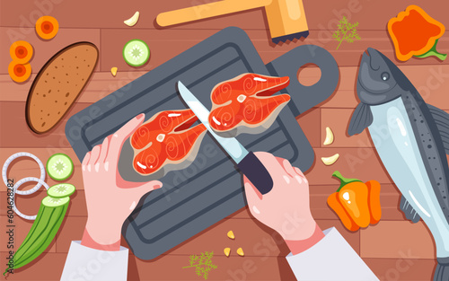 Chef character cooking preparing chopping food on table top view. Hand holding knife and cutting chopping vegetables and meat fish with slice concept. Vector graphic design illustration